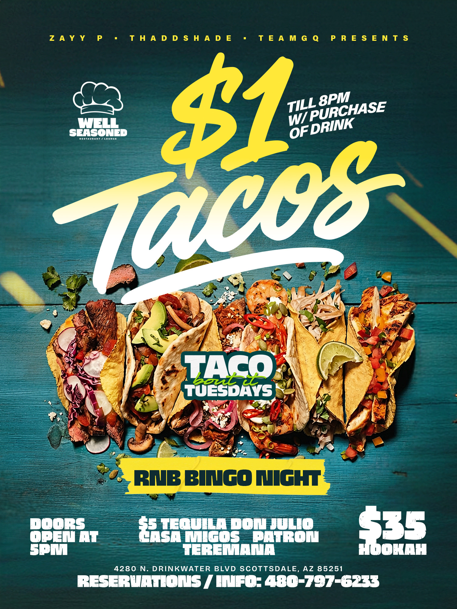 Taco Bout It Tuesdays — $1 tacos, RnB Bingo Night, $35 hookah at Well Seasoned Scottsdale